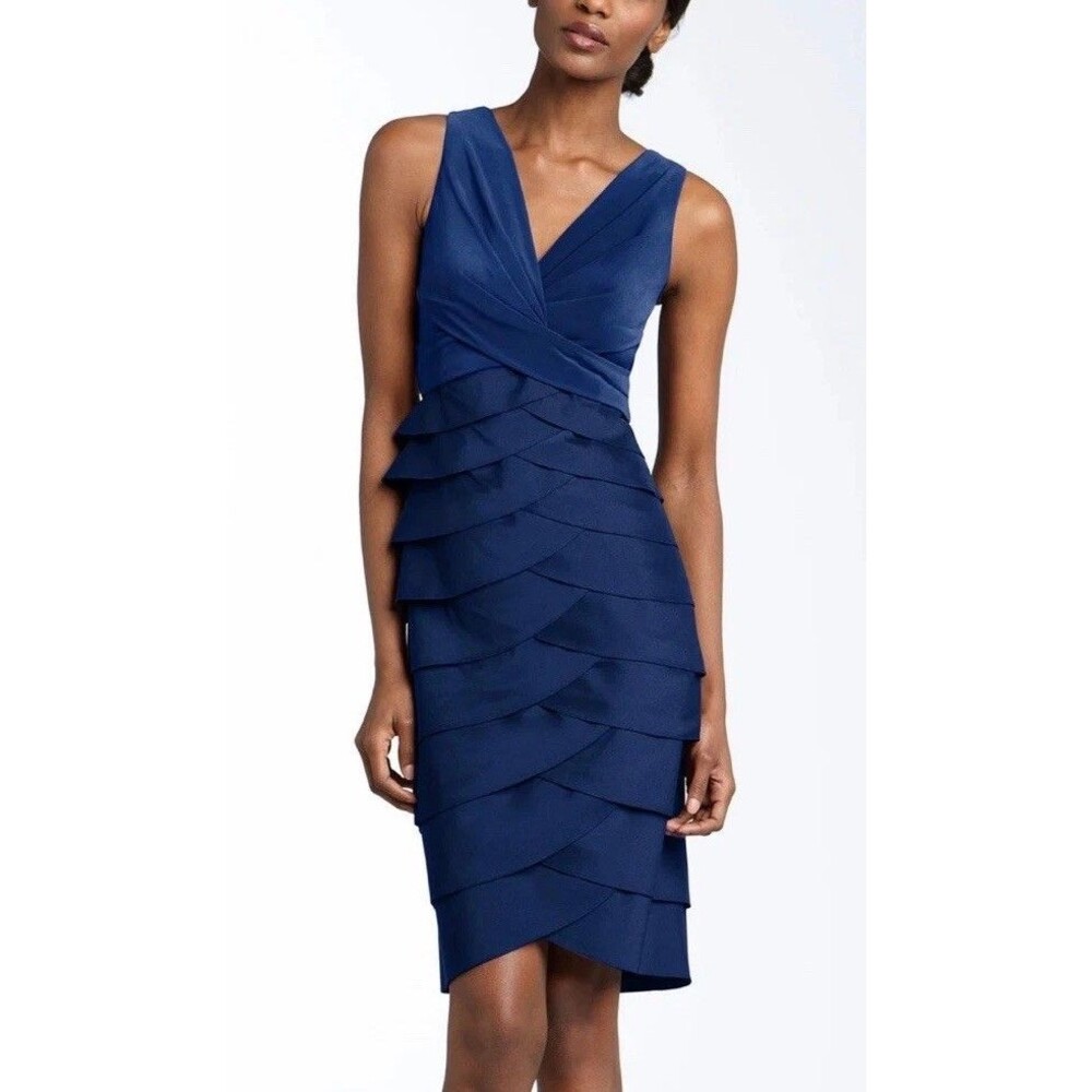Adrianna Papell Jersey & Charmeuse Shutter Pleat Dress Sz 2 Royal Blue (V1